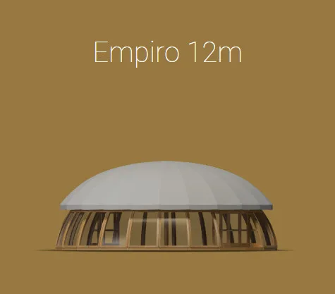 Empiro 12M 120 m² modulaarinen paviljonki – puukaarirakenne ja pleksilasi-ikkunat